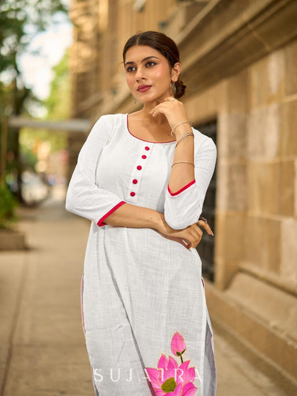 Blooming White Cotton Kurta with Signature Pichwai Hand Painted Pink Lotus & Contrast Trim Detail