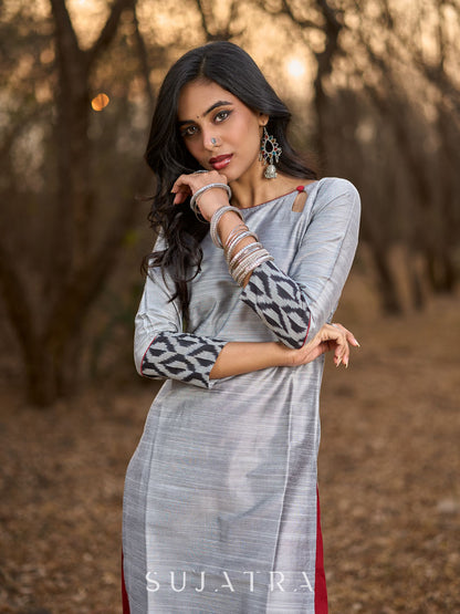 Timeless Grey Cotton Silk Kurta with Keyhole Neckline, Ikat Hem & Cuff Design