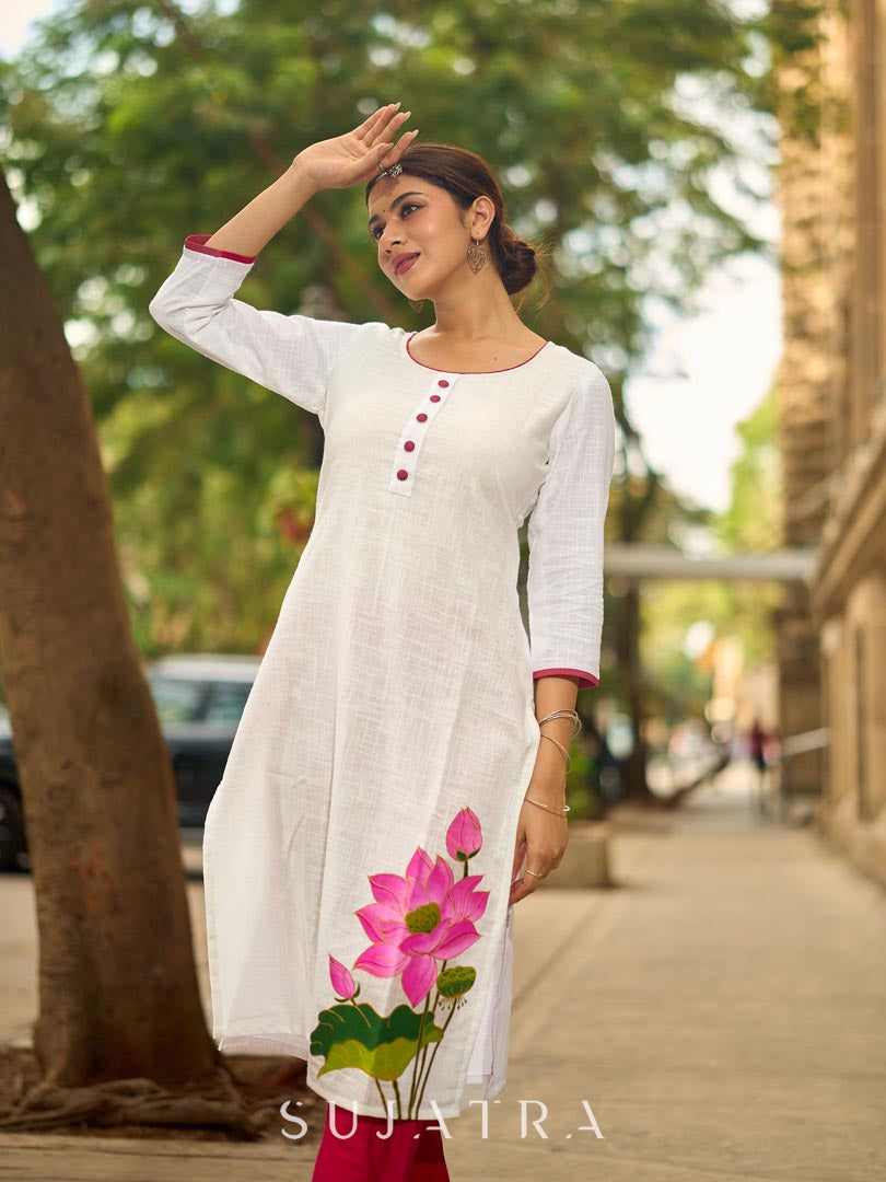 Blooming White Cotton Kurta with Signature Pichwai Hand Painted Pink Lotus & Contrast Trim Detail