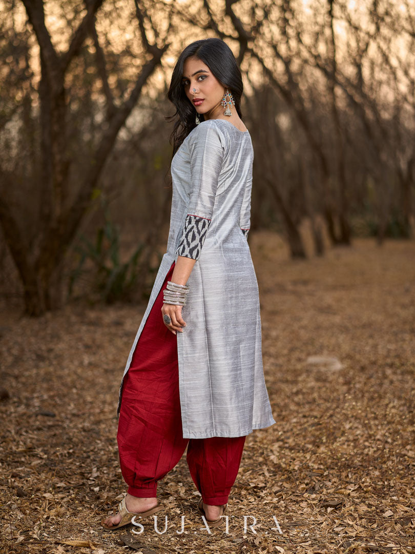 Timeless Grey Cotton Silk Kurta with Keyhole Neckline, Ikat Hem & Cuff Design