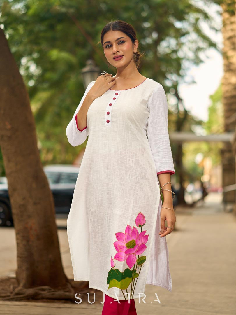 Blooming White Cotton Kurta with Signature Pichwai Hand Painted Pink Lotus & Contrast Trim Detail