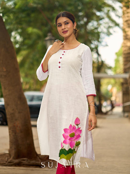 Blooming White Cotton Kurta with Signature Pichwai Hand Painted Pink Lotus & Contrast Trim Detail