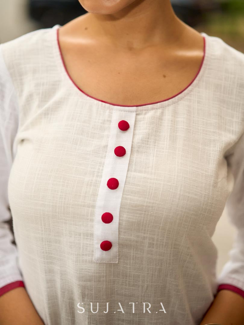 Blooming White Cotton Kurta with Signature Pichwai Hand Painted Pink Lotus & Contrast Trim Detail