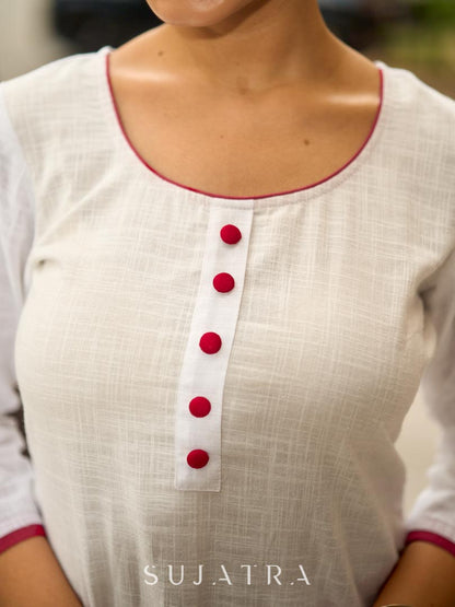 Blooming White Cotton Kurta with Signature Pichwai Hand Painted Pink Lotus & Contrast Trim Detail