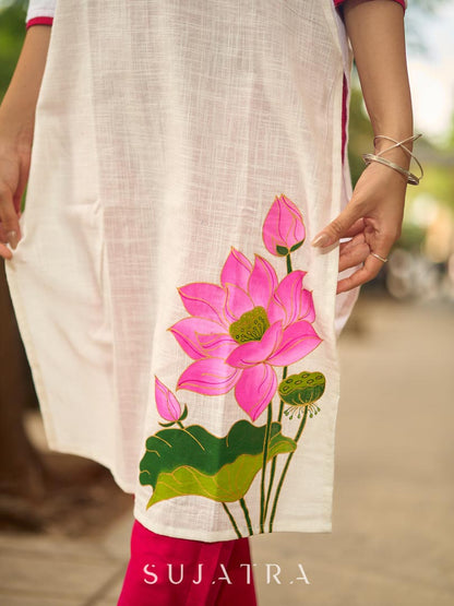Blooming White Cotton Kurta with Signature Pichwai Hand Painted Pink Lotus & Contrast Trim Detail