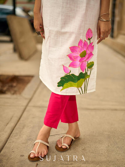 Blooming White Cotton Kurta with Signature Pichwai Hand Painted Pink Lotus & Contrast Trim Detail