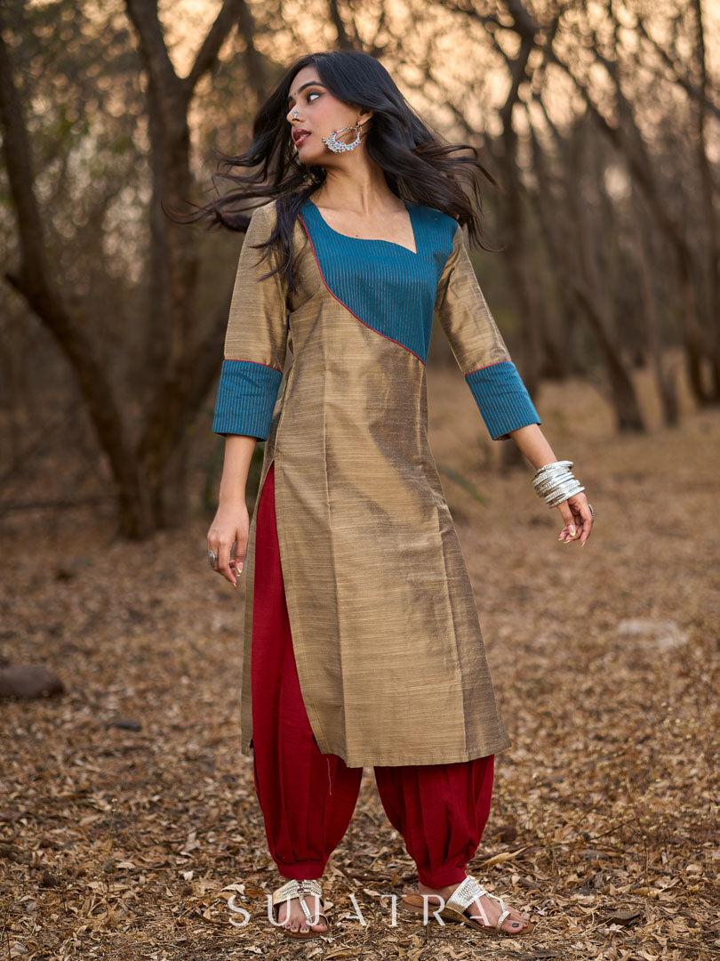 Gold Cotton Silk Kurta with Contrasting Asymmetrical Striped Yoke & Sleeve