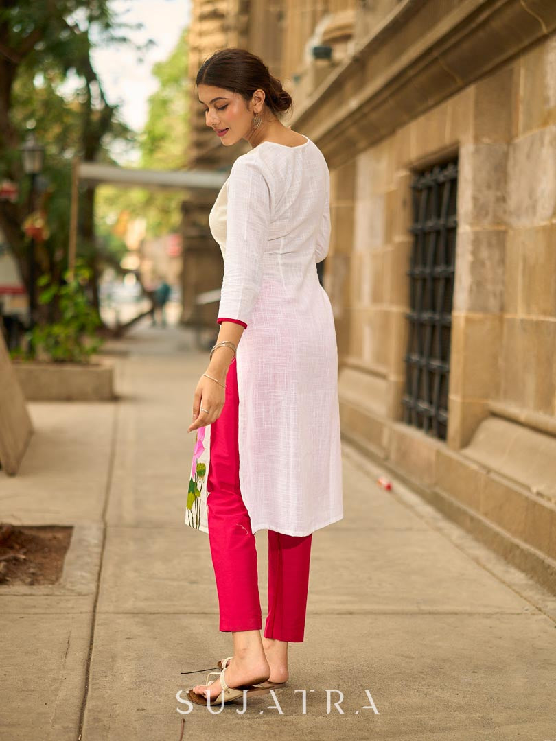 Blooming White Cotton Kurta with Signature Pichwai Hand Painted Pink Lotus & Contrast Trim Detail