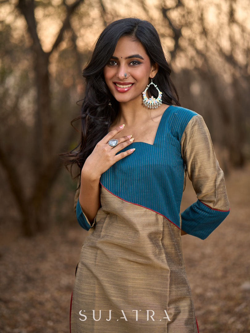 Gold Cotton Silk Kurta with Contrasting Asymmetrical Striped Yoke & Sleeve