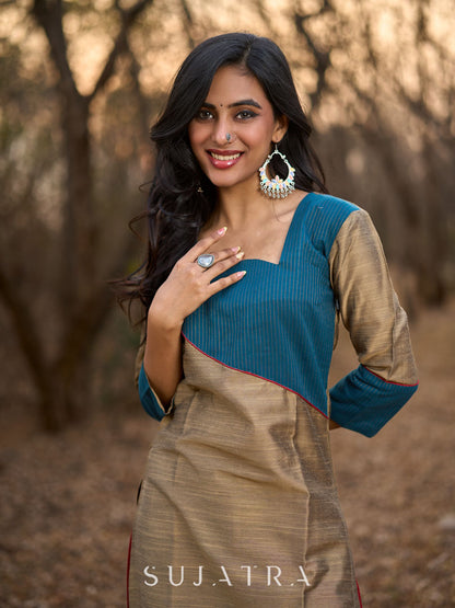 Gold Cotton Silk Kurta with Contrasting Asymmetrical Striped Yoke & Sleeve