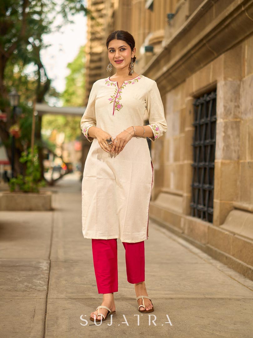 Pink Cotton Silk Minimal Pencil Pant