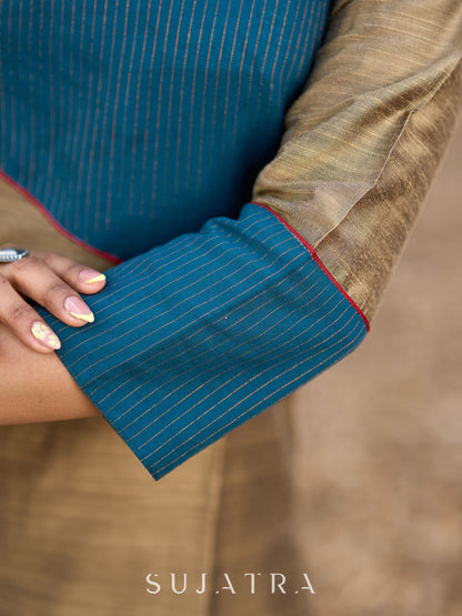 Gold Cotton Silk Kurta with Contrasting Asymmetrical Striped Yoke & Sleeve