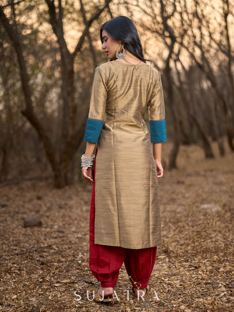 Gold Cotton Silk Kurta with Contrasting Asymmetrical Striped Yoke & Sleeve