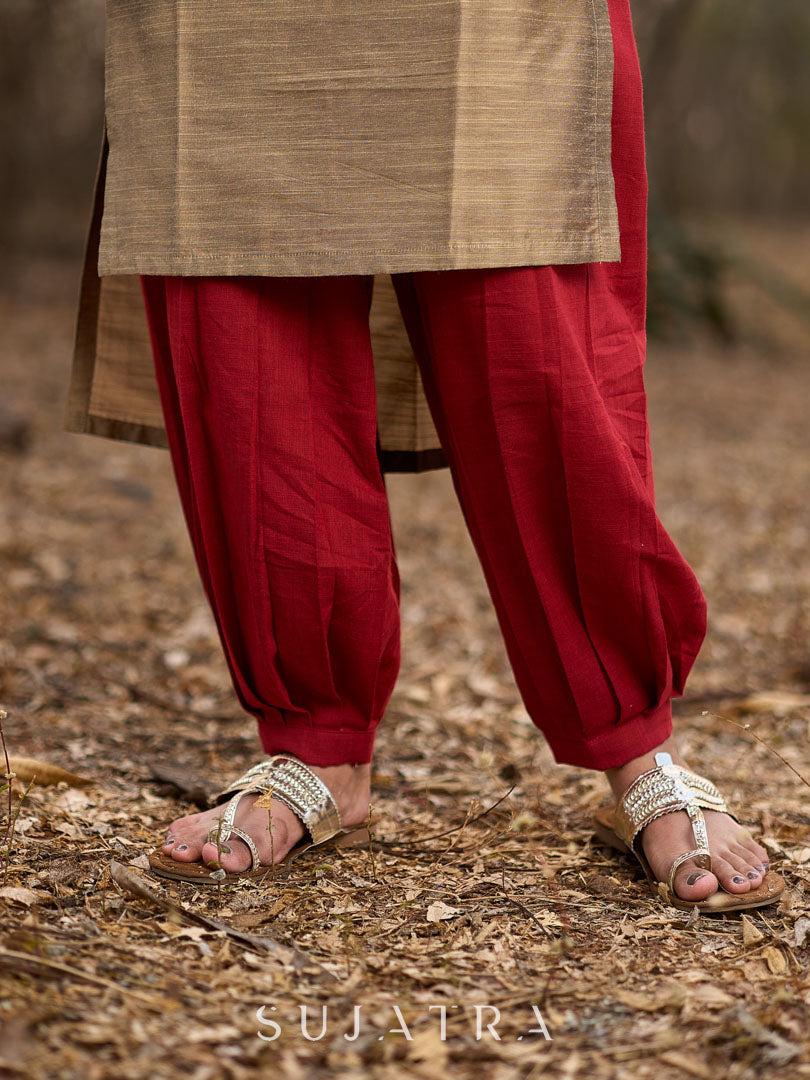 Gold Cotton Silk Kurta with Contrasting Asymmetrical Striped Yoke & Sleeve