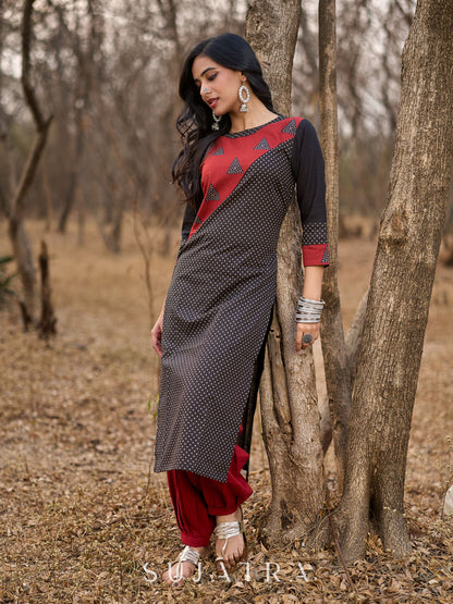 Striking Black Cotton Polka Dot Kurta with Maroon Geometric Yoke & Halter Neckline