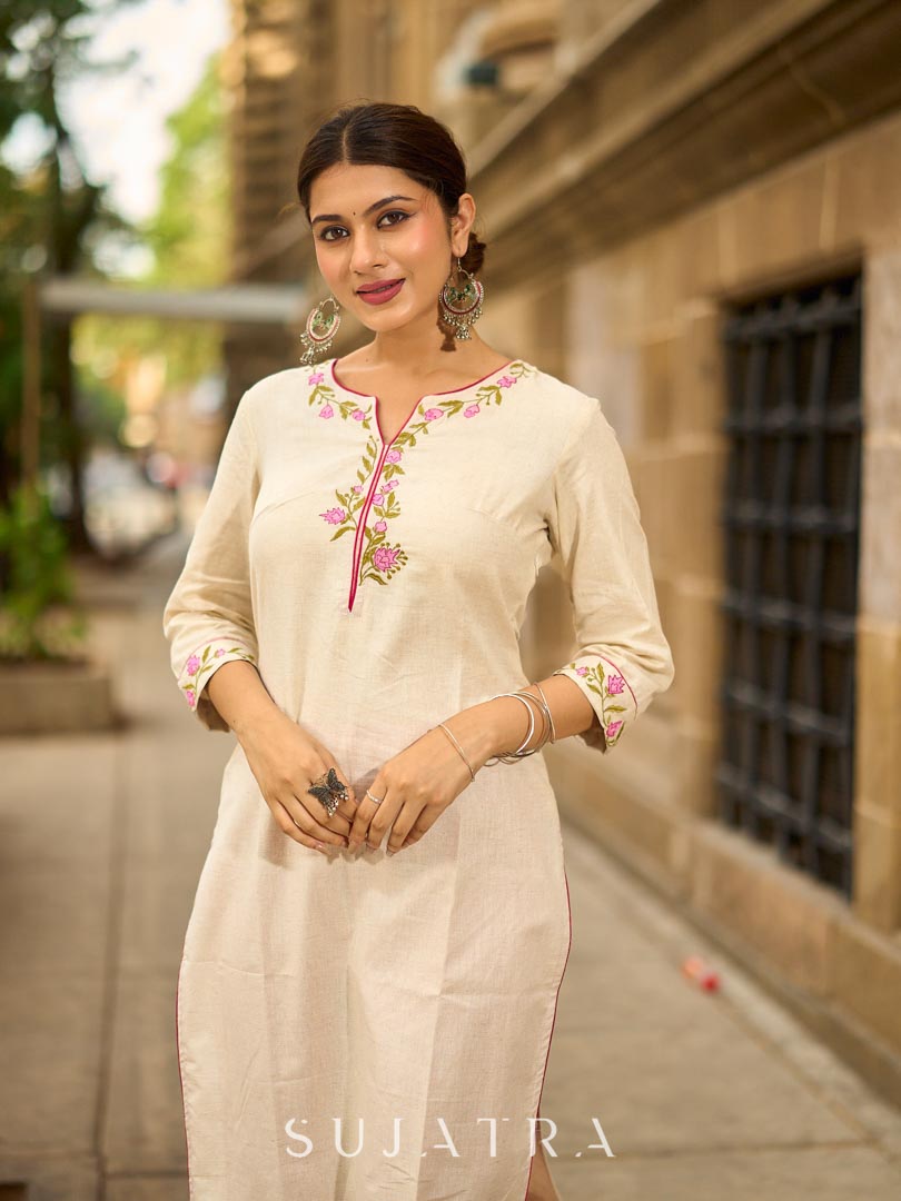 Soulful Off-White Cotton Kurta with Pink Floral Embroidered Neckline & Sleeves