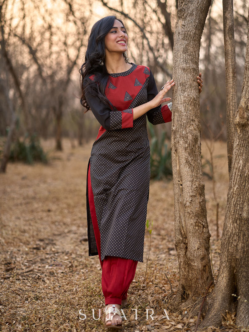 Striking Black Cotton Polka Dot Kurta with Maroon Geometric Yoke & Halter Neckline