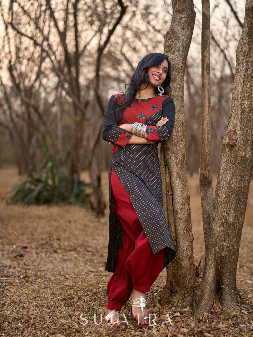 Striking Black Cotton Polka Dot Kurta with Maroon Geometric Yoke & Halter Neckline
