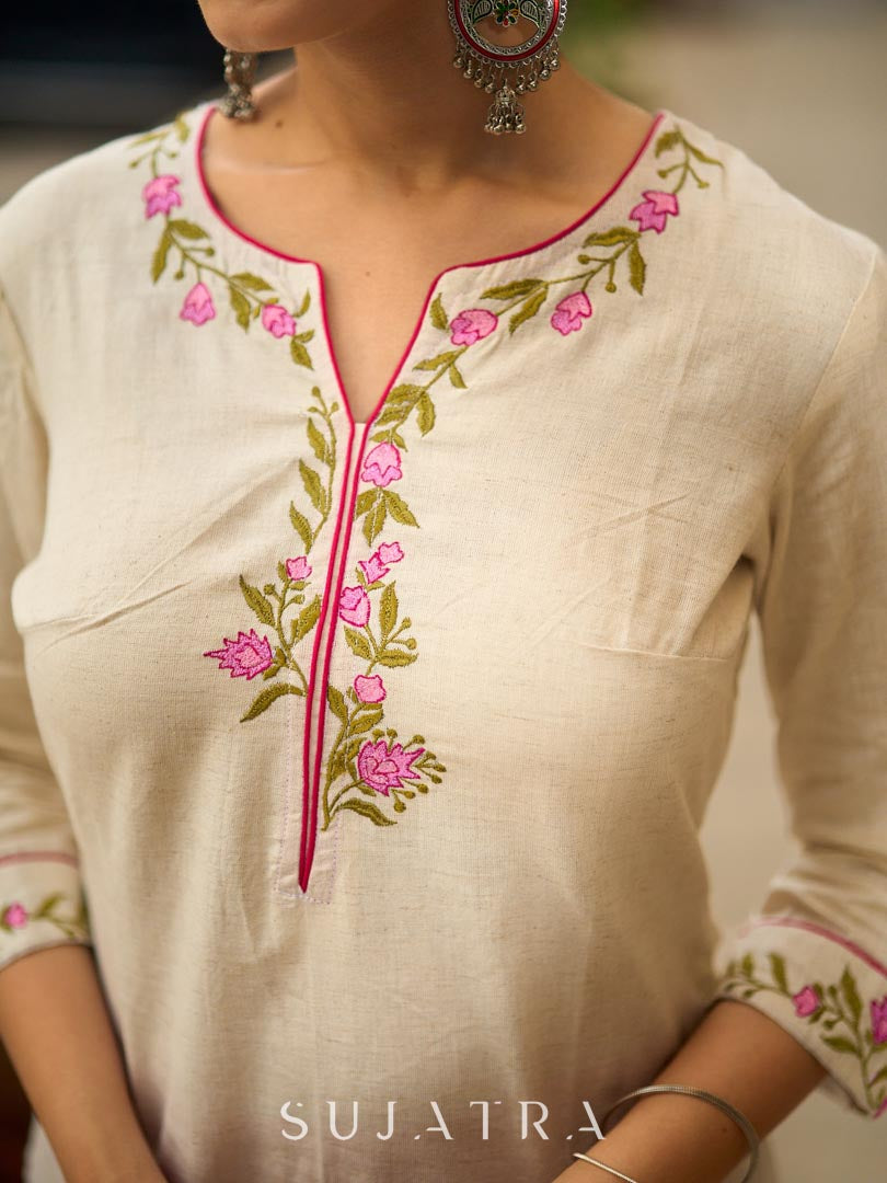 Soulful Off-White Cotton Kurta with Pink Floral Embroidered Neckline & Sleeves - Pant Optional