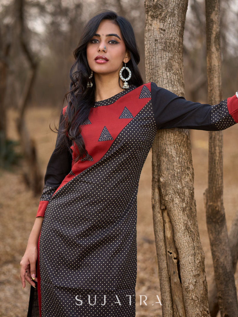Striking Black Cotton Polka Dot Kurta with Maroon Geometric Yoke & Halter Neckline