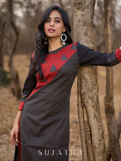 Striking Black Cotton Polka Dot Kurta with Maroon Geometric Yoke & Halter Neckline