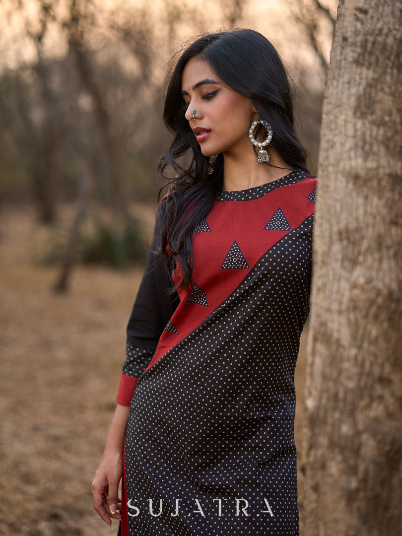 Striking Black Cotton Polka Dot Kurta with Maroon Geometric Yoke & Halter Neckline