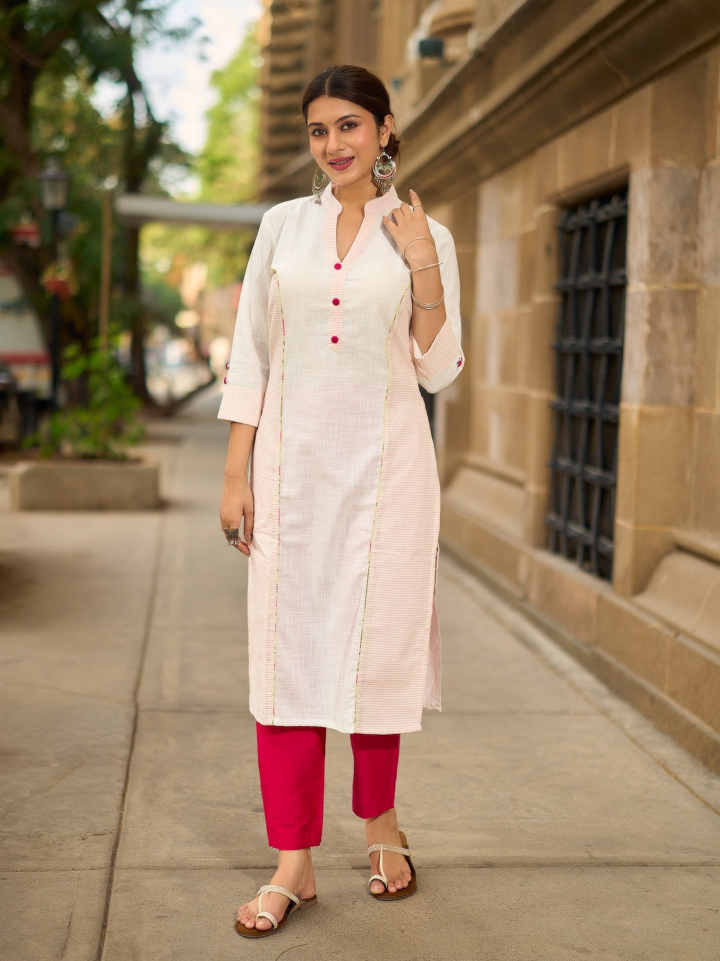 Structured White Cotton Kurta with Pink & White Kantha Embroidered Panels & Contrast Pink Buttons