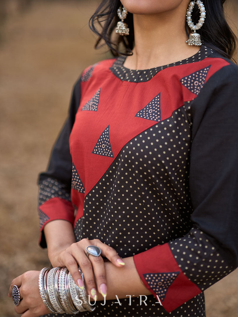 Striking Black Cotton Polka Dot Kurta with Maroon Geometric Yoke & Halter Neckline