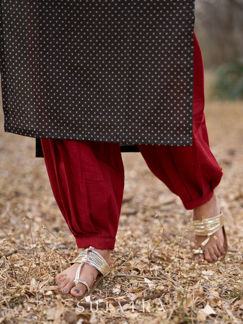 Striking Black Cotton Polka Dot Kurta with Maroon Geometric Yoke & Halter Neckline