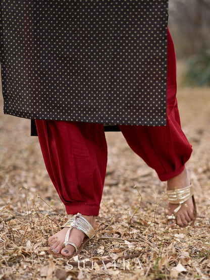 Striking Black Cotton Polka Dot Kurta with Maroon Geometric Yoke & Halter Neckline