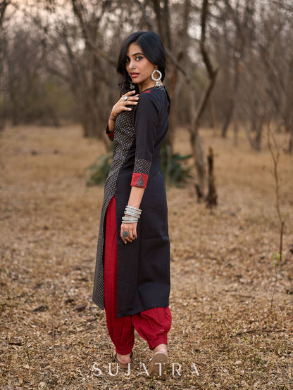 Striking Black Cotton Polka Dot Kurta with Maroon Geometric Yoke & Halter Neckline