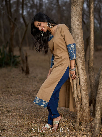 Refined Sandy Beige Cotton Kurta Featuring Contrasting Kantha Printed Collar, Cuff Details & Hem Border