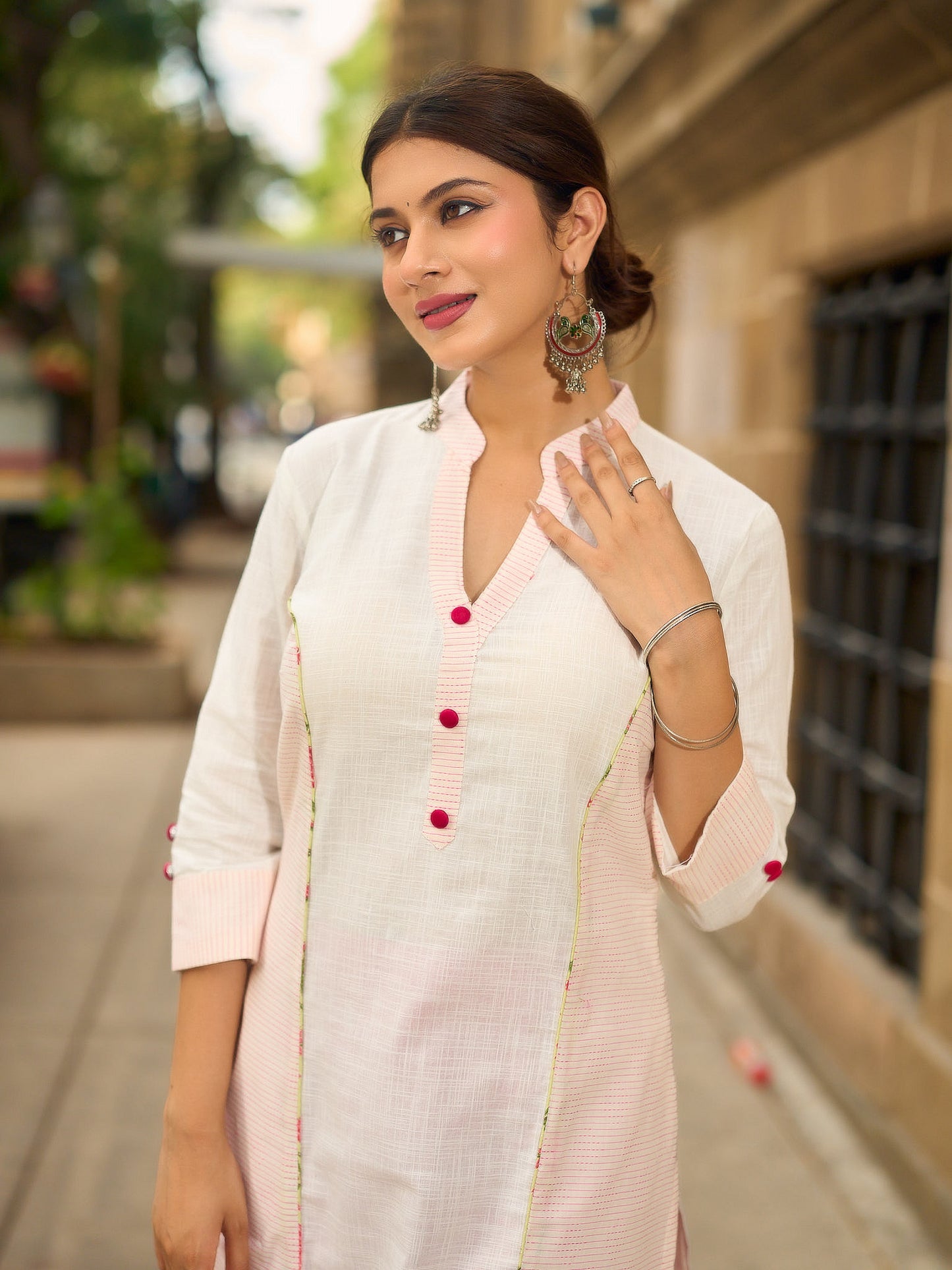 Structured White Cotton Kurta with Pink & White Kantha Embroidered Panels & Contrast Pink Buttons