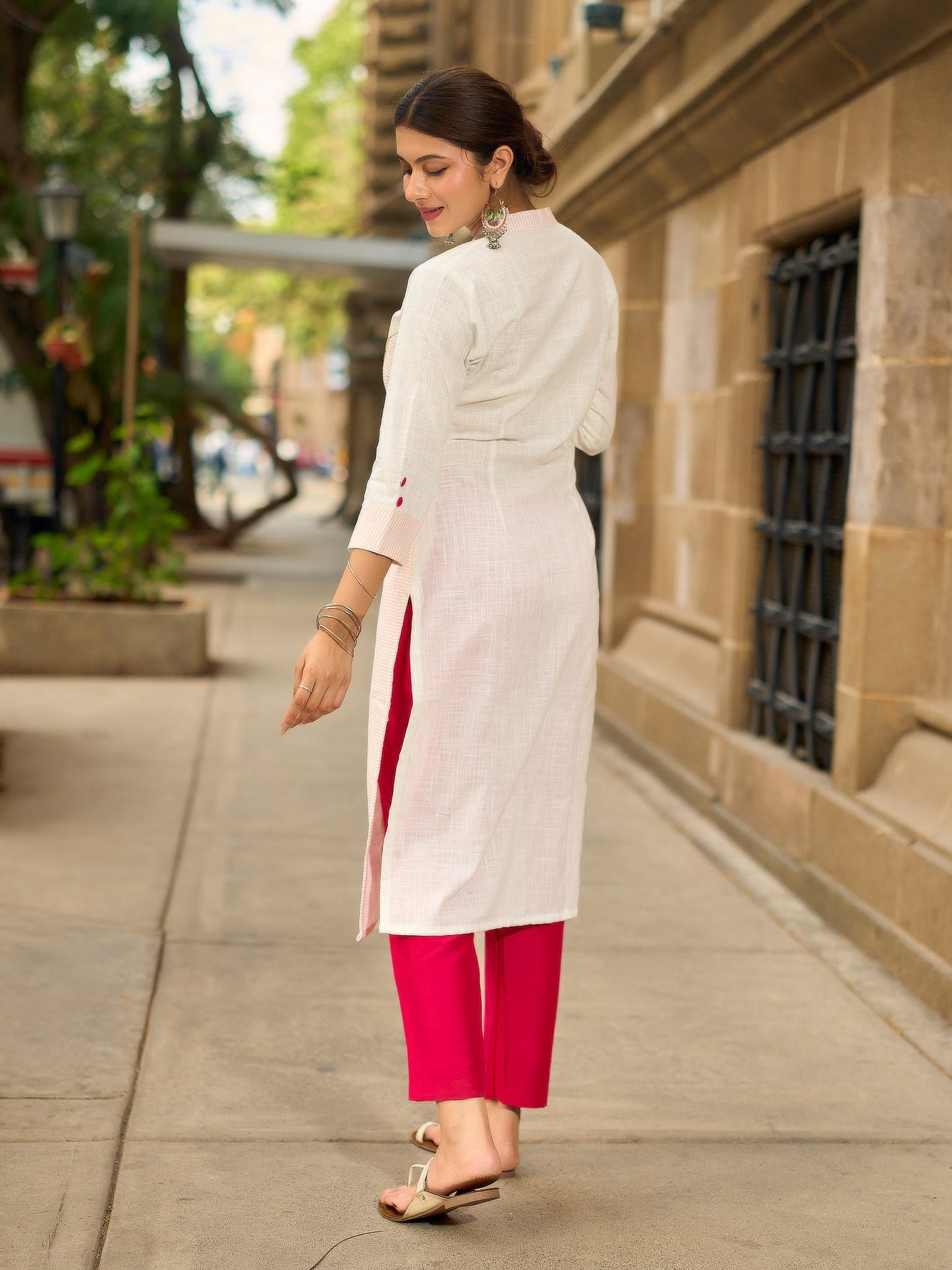 Structured White Cotton Kurta with Pink & White Kantha Embroidered Panels & Contrast Pink Buttons