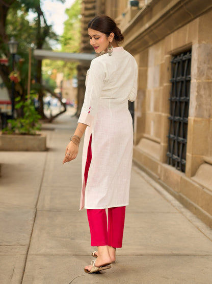 Structured White Cotton Kurta with Pink & White Kantha Embroidered Panels & Contrast Pink Buttons