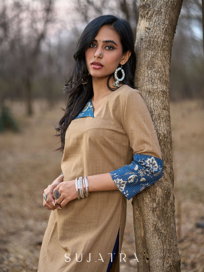 Refined Sandy Beige Cotton Kurta Featuring Contrasting Kantha Printed Collar, Cuff Details & Hem Border