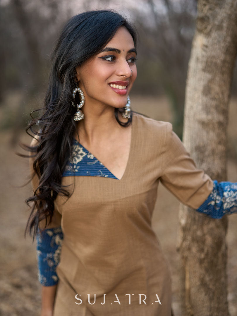 Refined Sandy Beige Cotton Kurta Featuring Contrasting Kantha Printed Collar, Cuff Details & Hem Border