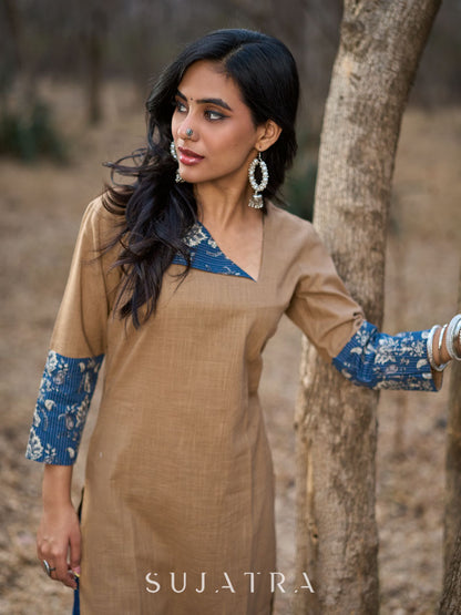Refined Sandy Beige Cotton Kurta Featuring Contrasting Kantha Printed Collar, Cuff Details & Hem Border