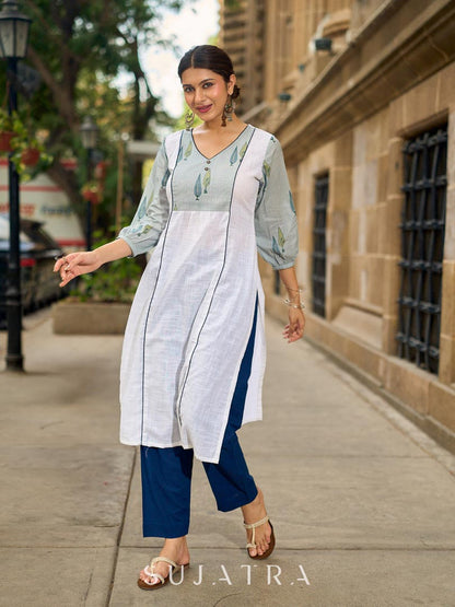Structured White Cotton Kurta with Powder Blue Printed Yoke & Gathered Puff Sleeves