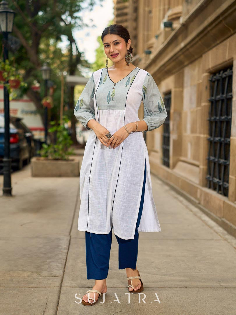 Structured White Cotton Kurta with Powder Blue Printed Yoke & Gathered Puff Sleeves