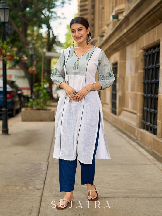 Structured White Cotton Kurta with Powder Blue Printed Yoke & Gathered Puff Sleeves