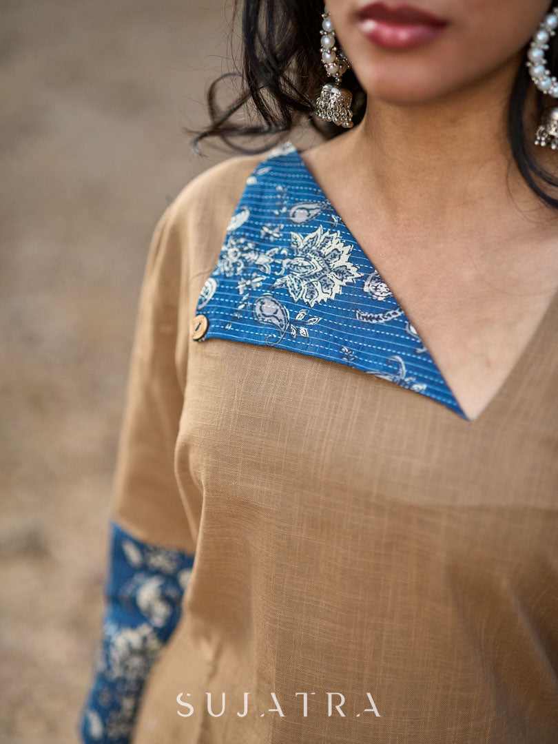 Refined Sandy Beige Cotton Kurta Featuring Contrasting Kantha Printed Collar, Cuff Details & Hem Border