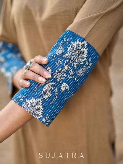 Refined Sandy Beige Cotton Kurta Featuring Contrasting Kantha Printed Collar, Cuff Details & Hem Border