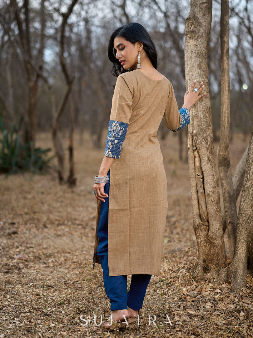 Refined Sandy Beige Cotton Kurta Featuring Contrasting Kantha Printed Collar, Cuff Details & Hem Border