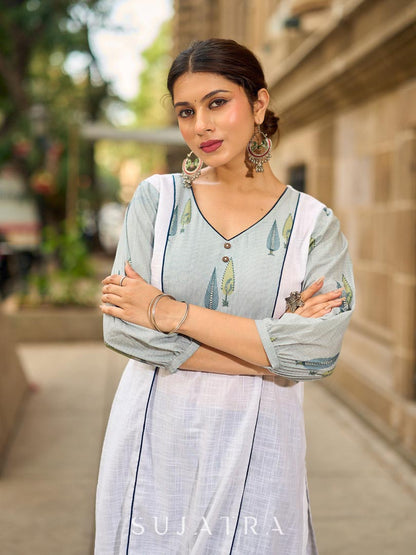 Structured White Cotton Kurta with Powder Blue Printed Yoke & Gathered Puff Sleeves