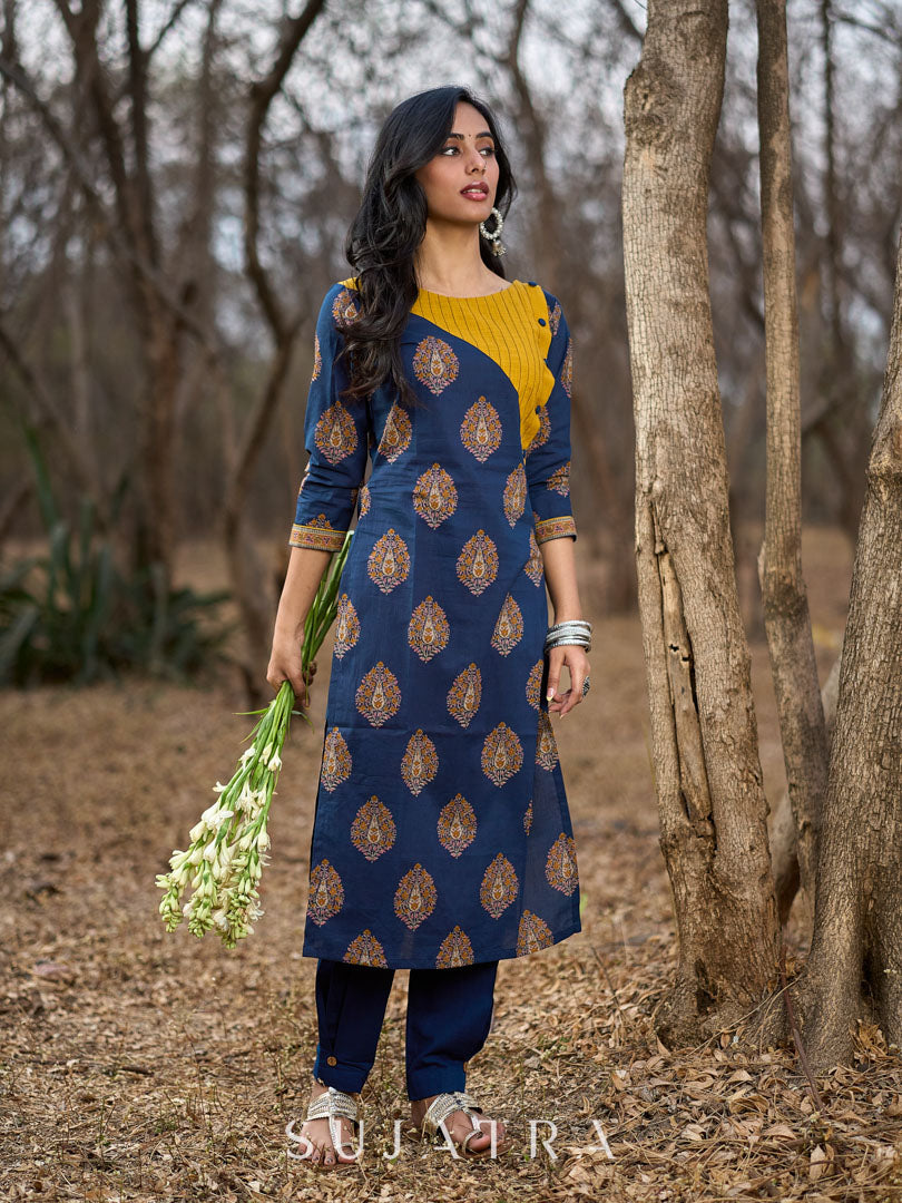 Navy Blue Cotton Kurta with Contrast Mustard Yoke and Printed Buttas