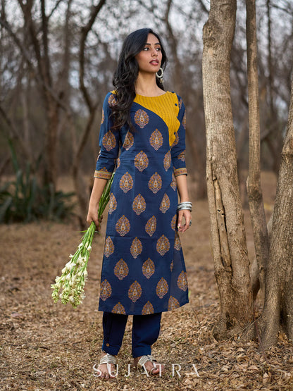 Navy Blue Cotton Kurta with Contrast Mustard Yoke and Printed Buttas