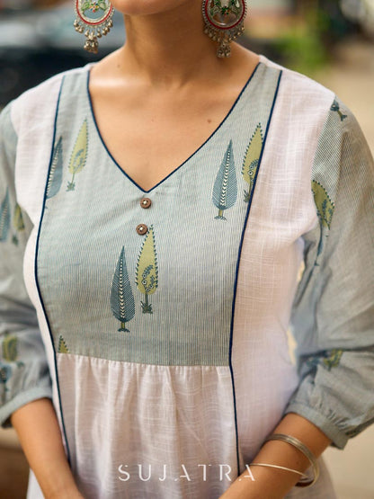 Structured White Cotton Kurta with Powder Blue Printed Yoke & Gathered Puff Sleeves
