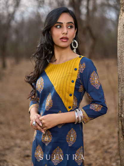 Navy Blue Cotton Kurta with Contrast Mustard Yoke and Printed Buttas