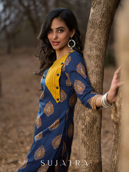Navy Blue Cotton Kurta with Contrast Mustard Yoke and Printed Buttas